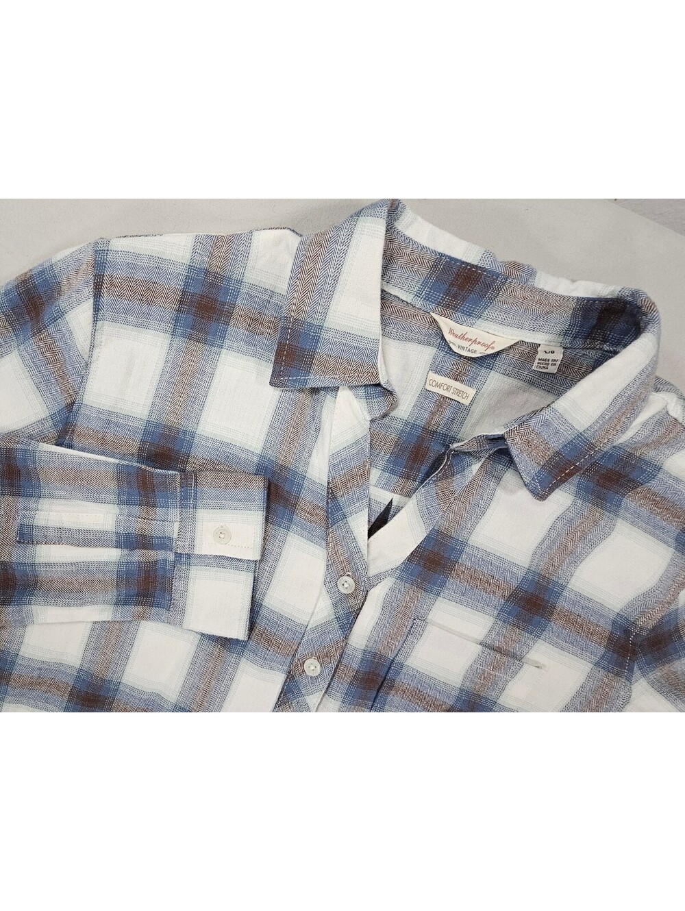 Weatherproof Vintage Womens L Plaid Flannel Shirt Blue Brown Comfort Stretch